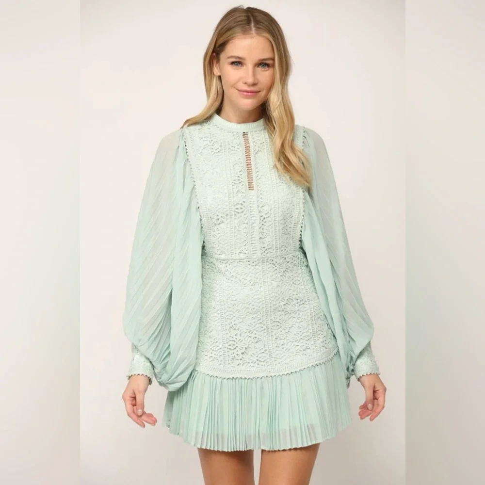 Pleated Volume Sleeve Lace Mini Dress|Statement Long Sleeve Party Dress|S–M - Picture 7 of 12